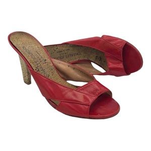 Vtg Charles Jourdan Womens Sandals Heels Size 38 US 8 Red Leather Cork Open Toe